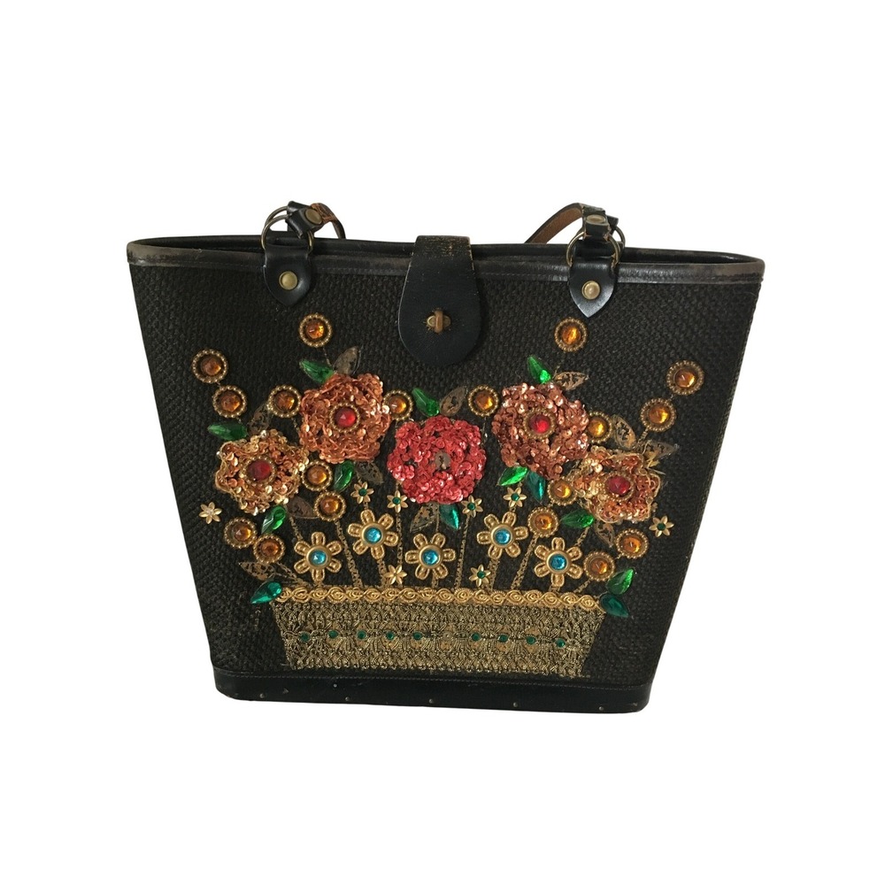 Vintage 1966 Enid Collins Floral Sequin Rhinestone Wood Box Bag Black Burlap
